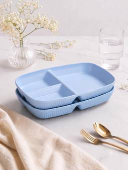 YELONA - Blue Wheat Straw Rectangular 3 Compartments Dinner Plates Pack Of 2
