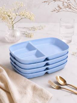 YELONA - Blue Wheat Straw Rectangular 3 Compartments Dinner Plates Pack Of 4