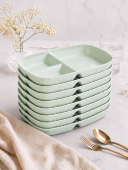 YELONA - Green Wheat Straw Rectangular 3 Compartments Dinner Plates Pack Of 8