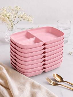 YELONA - Pink Wheat Straw Rectangular 3 Compartments Dinner Plates Pack Of 8