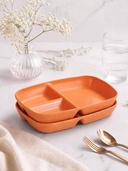 YELONA - Orange Wheat Straw Rectangular 3 Compartments Dinner Plates Pack Of 2