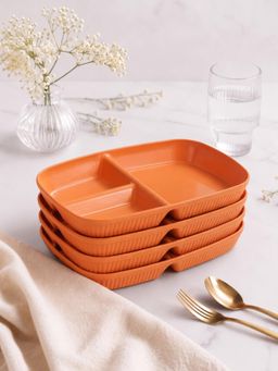 YELONA - Orange Wheat Straw Rectangular 3 Compartments Dinner Plates Pack Of 4