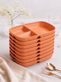 YELONA - Orange Wheat Straw Rectangular 3 Compartments Dinner Plates Pack Of 8