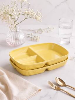 YELONA - Yellow Wheat Straw Rectangular 3 Compartments Dinner Plates Pack Of 2