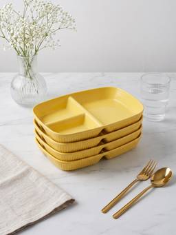 YELONA - Yellow Wheat Straw Rectangular 3 Compartments Dinner Plates Pack Of 4