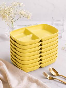 YELONA - Yellow Wheat Straw Rectangular 3 Compartments Dinner Plates Pack Of 8