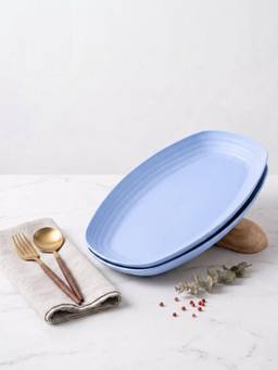 YELONA - Blue Oval Wheat Straw & Bamboo Fiber Eco-Friendly Dining Plates, Set Of 2