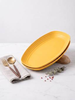 YELONA - Yellow Oval Wheat Straw & Bamboo Fiber Eco-Friendly Dining Plates, Set Of 2