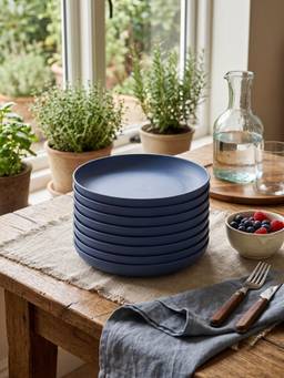 YELONA - Navy Blue Round Wheat Straw Bamboo Fiber Eco-Friendly Dinner Plates Set Of 8