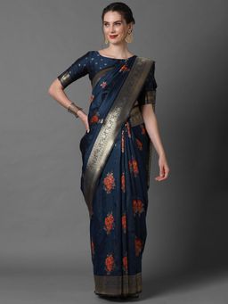 Akhilam - Navy Blue Festive Silk Blend Woven Design Saree with Unstitched