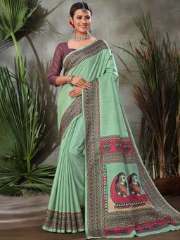 Sareemall - Women Dola Silk Light Green Digital Print Designer Saree with Unstitched Blouse