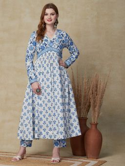 FASHOR - Ethnic Printed Kurta with Pant - White & Blue (Set of 2)