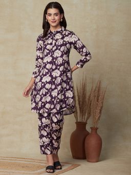 FASHOR - Printed Kurta with Pants - Purple (Set of 2)