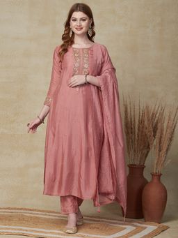 FASHOR - Embroidered Kurta with Pants & Dupatta - Rose (Set of 3)