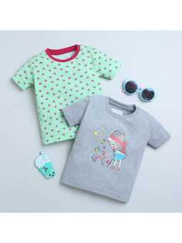 Bumzee - Green and Grey Girls Half Sleeves T-Shirt (Set of 2)