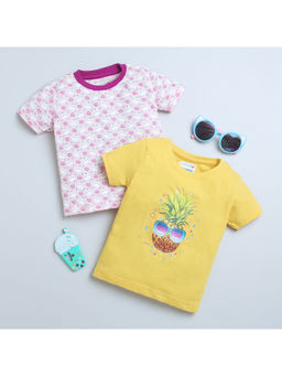 Bumzee - Pink and Yellow Girls Half Sleeves T-Shirt (Set of 2)
