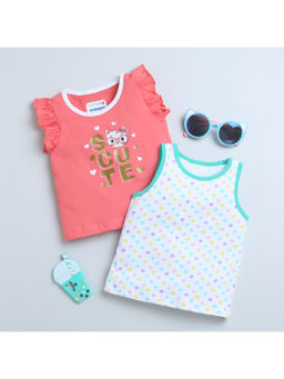 Bumzee - Coral and White Girls Sleeveless Top and Tank Top (Set of 2)