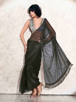 Tikhi Imli - Ready To Wear Black Shimmer Chiffon Saree with Pleated Satin Unstitched Blouse
