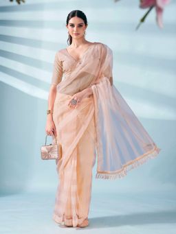 Tikhi Imli - Ready To Wear Peach Coloured Woven Net Saree with Brocade Unstitched Blouse