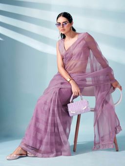 Tikhi Imli - Ready To Wear Lavender Coloured Woven Net Saree with Brocade Unstitched Blouse