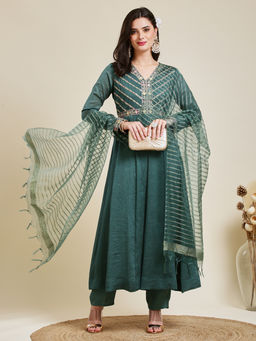 MOKOSH - Women's Silk Green Embroidered Long Flared Anarkali Kurta with Pant and Dupatta