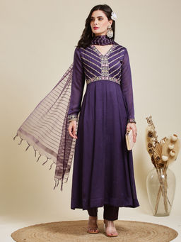 MOKOSH - Women's Silk Purple Embroidered Long Flared Anarkali Kurta with Pant and Dupatta