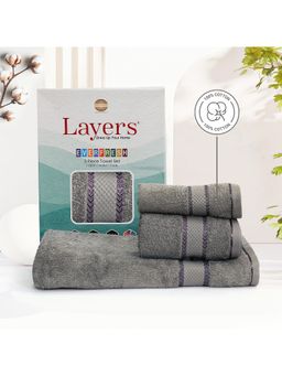 Layers - Everfresh 100% Cotton 380 GSM Grey Solid Towel Combo (Pack of 3)
