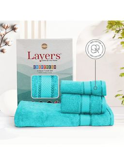 Layers - Everfresh 100% Cotton 380 GSM Blue Solid Towel Combo (Pack of 3)
