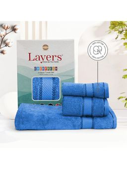 Layers - Everfresh 100% Cotton 380 GSM Blue Solid Towel Combo (Pack of 3)