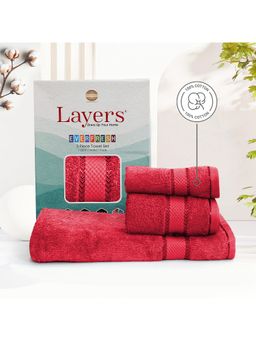 Layers - Everfresh 100% Cotton 380 GSM Red Solid Towel Combo (Pack of 3)