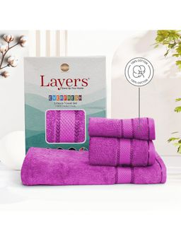 Layers - Everfresh 100% Cotton 380 GSM Purple Solid Towel Combo (Pack of 3)