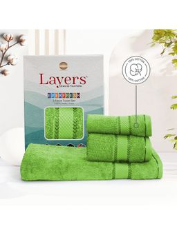 Layers - Everfresh 100% Cotton 380 GSM Green Solid Towel Combo (Pack of 3)
