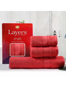 Layers - Jashn 100% Cotton 380 GSM Red 1 Bath Towel with 2 Hand Towel Combo Set