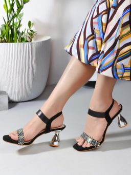 Carlton London - Black Slip On Square Toe Women Spool Heel Sandals
