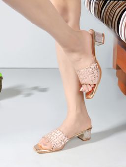 Carlton London - Rose Gold Slip On Square Toe Women Block Heel Sandals
