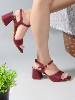 Carlton London - Maroon Buckle Square Toe Women Block Heel Sandals