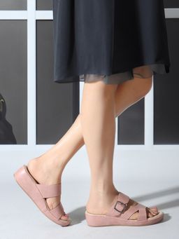 Carlton London - Pink Slider Buckle Wedge Casual Sandals for Women