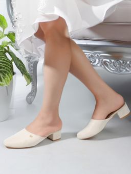 Carlton London - Women Textured Cream Block Heels Mules