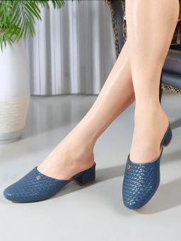Carlton London - Women Textured Blue Block Heels Mules