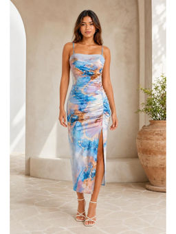 Cider - Solid Satin Ruched Split Midi Cami Dress