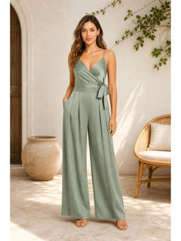Cider - Satin Knotted Pleated Wide Leg Jumpsuit