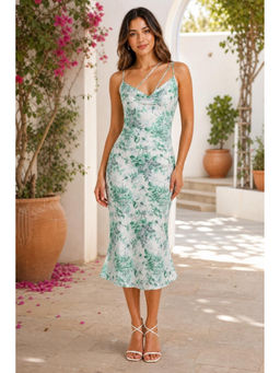 Cider - Green Floral & Dragonfly Cowl Neck Midi Dress