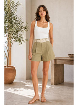 Cider - Brown Solid Mini Shorts with Belt (Set of 2)