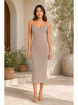 Cider - Khaki Solid Shoulder Strap Neck Cami Midi Dress