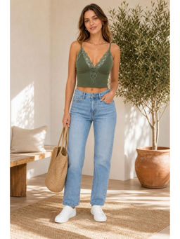 Cider - Green Satin Lace Shoulder Strap Cami Crop Top
