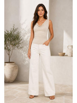 Cider - Beige Solid Cowl Neck Tank Top