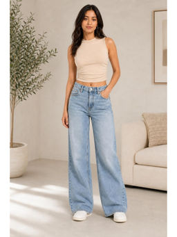 Cider - Beige Round Neckline Solid Sleeveless Ruched Crop Top