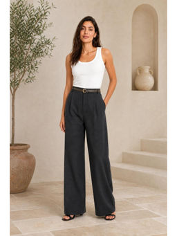 Cider - Black Linen Blend Solid Wide Leg Pant with Belt (Set of 2)
