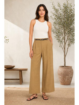 Cider - Tan Linen Blend Solid Wide Leg Pant with Belt (Set of 2)
