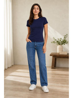 Cider - Blue Round Neckline Knit Short Sleeve Tee